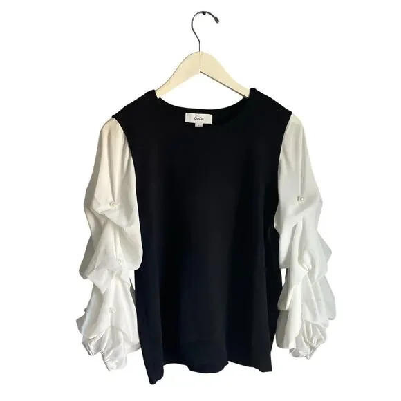 Cece Black White Sweater Blouse Puff Sleeves Pearl Academia Preppy Minimalist L - Picture 1 of 5